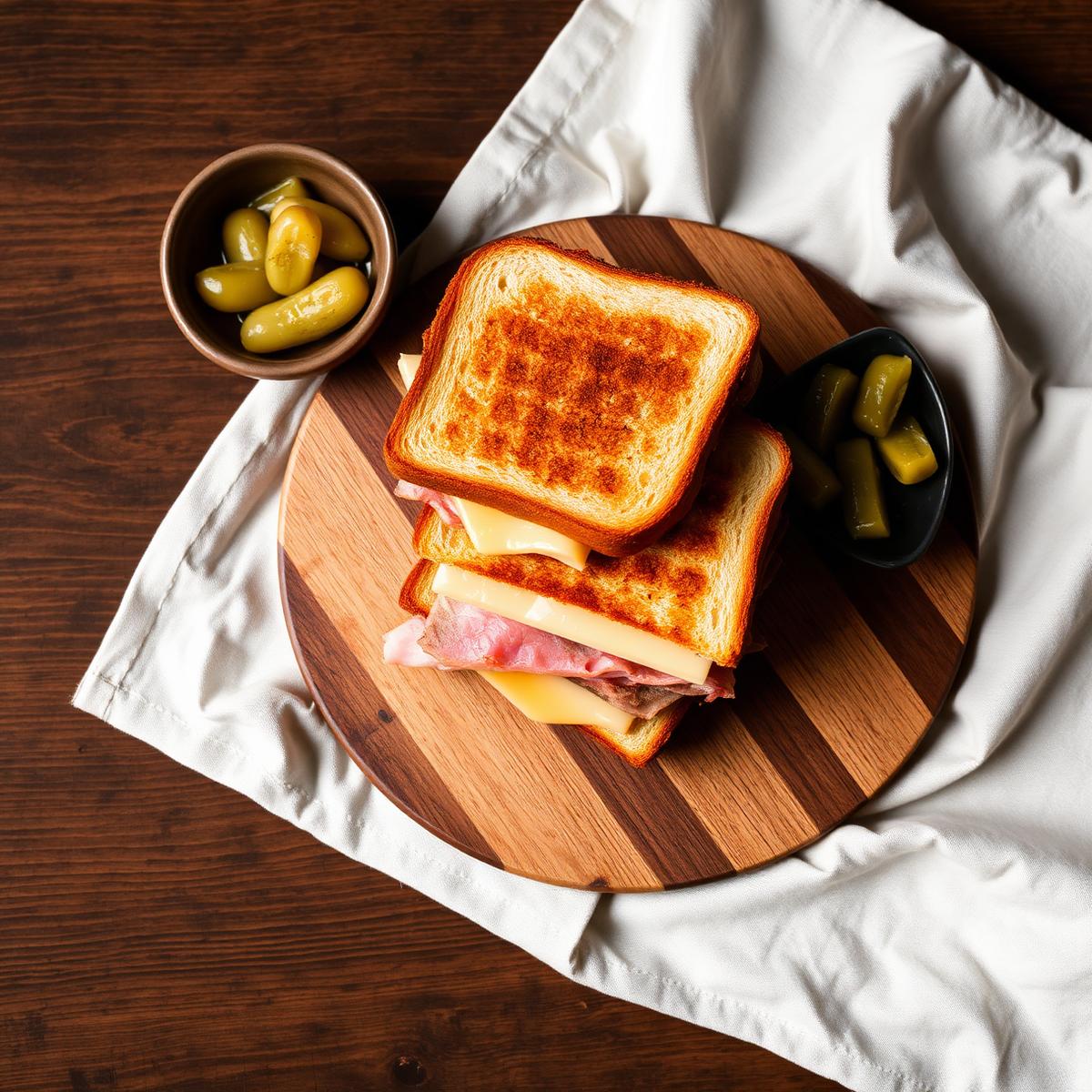 Toastie on a wooden board with pickles